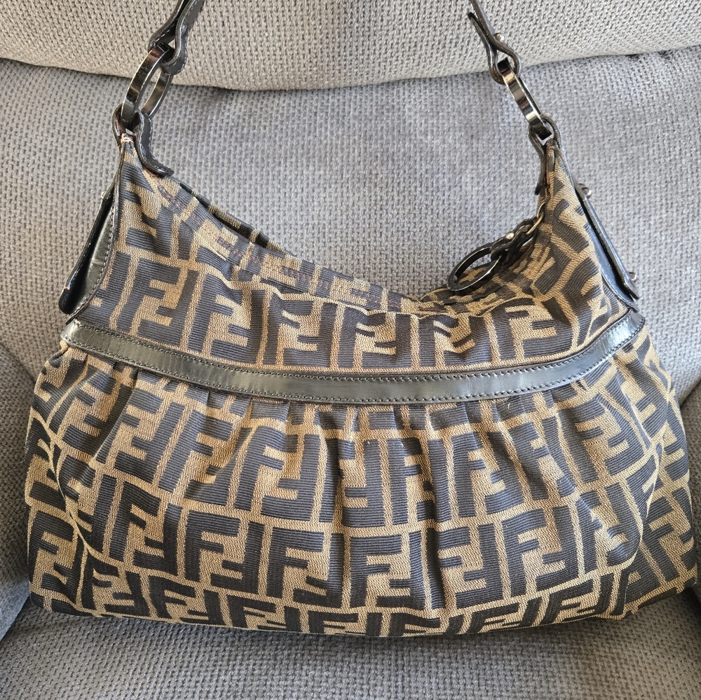 Fendi Zucca Women's Shoulder Bag Chef Handbag Hobo Canvas Leather Brown